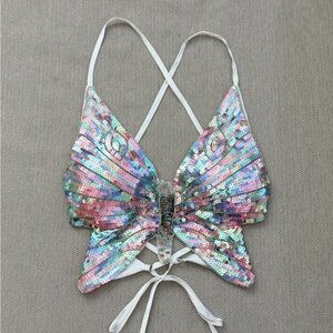 Pastel butterfly sequin backless top